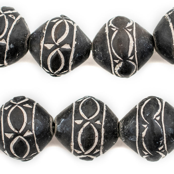 Thebeadchest Tribal Design Bicone Black Mali Clay Beads 20mm African Black and White Large Hole 24 inch Strand Handmade, Adult Unisex